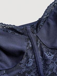 SHEIN MOD 黑色金属链带蕾丝拼接紧身胸衣加大码女式连体裤 - 藏蓝色 - 查看 3