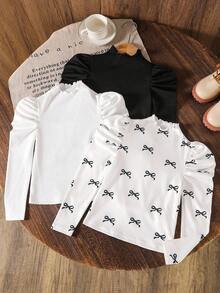 SHEIN 3pcs/Set Young Girls Puff Sleeve Long Sleeve T-Shirt,Casual Basic Stand Collar Heart Bow Print Tops For White Autumn School Back-To-School,Tween Shirt - Multicolor - View 2