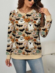 EMERY ROSE Apricot Ghost, Pumpkin, Bat Print Plus Size Halloween Raglan Sweatshirt Fall Cloth For Women Winter Autumn - Multicolor - View 4