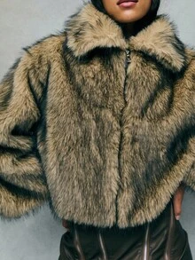 TypaGal Stand Out In Style With This Ash Brown Faux Fur Zip-Up Jacket, A Bold Option For Winter Jacket, Winter Coat, And Winter Clothes Women. Its Boxy, Modern Shape Is Ideal For Autumn Clothes And Perfectly Complements Fall Outfits For Women And Work Clothes Women. The Zip Detail Is A Nod To Button Up Shirt Women And Y2k Outfit Elements, While The Natural-Toned Fur Draws In Animal Print And Fairycore Influence For Alt And Goth Layering.