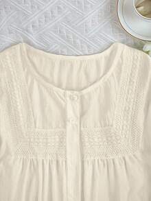 SHEIN Áo cánh dài tay màu trắng viền ren cho nữ, trang phục thường ngày thanh lịch cho kỳ nghỉ - Màu be - Xem 3