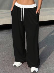 SHEIN Quần dài thể thao đi học cổ điển, cạp chun màu tương phản, dây rút, cạp chun rộng cho bé gái tuổi teen - Đen và trắng - Xem 5