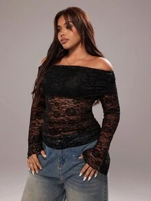 Rustia Áo cánh tay loe hở vai thanh lịch gợi cảm cỡ lớn dành cho nữ - màu đen - Xem 3