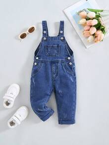 SHEIN 女婴可爱宽松蓝色牛仔背带裤秋冬装，街头酷炫风格牛仔服 - 深色水洗藍 - 查看 2