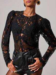 COSMINA 女士时尚性感透明蕾丝泡泡袖衬衫 - 黑色 - 查看 1