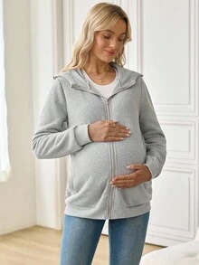 SHEIN 孕妇纯色长袖拉链连帽三合一休闲夹克