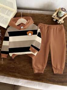 SHEIN 2 件套男婴休闲可爱卡通熊条纹连帽卫衣和裤子套装，秋冬 - 彩色 - 查看 1