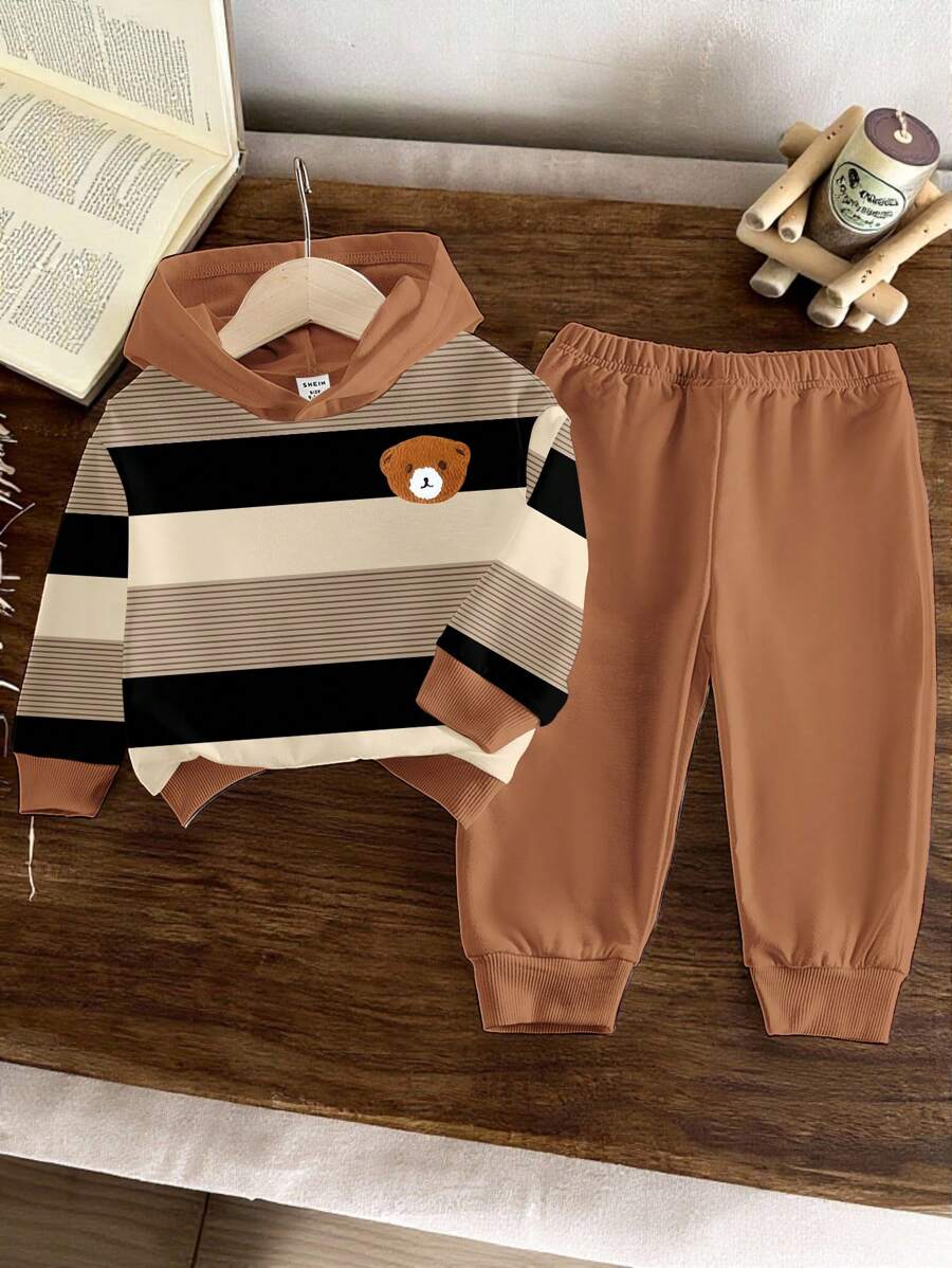 SHEIN 2 件套男婴休闲可爱卡通熊条纹连帽卫衣和裤子套装，秋冬 - 彩色 - 查看 1