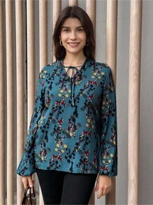 SHEIN LUNE 女士休闲碎花灯笼袖衬衫，秋季 - 墨綠色 - 查看 1