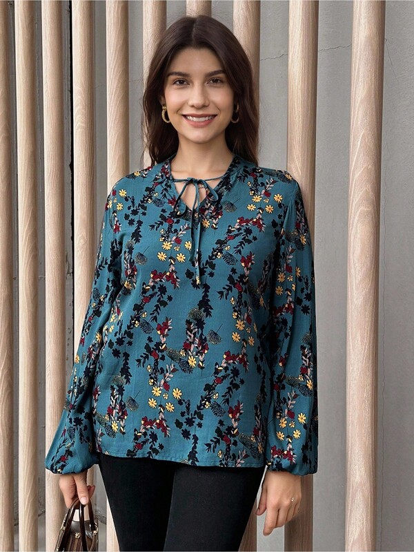 SHEIN LUNE Women's Casual Ditsy Floral Lantern Sleeve Shirt Spring Clothes