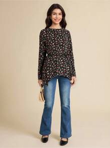 SHEIN LUNE Women's Floral Allover Print Round Neck Long Sleeve Casual T-Shirt Going Out Tops Women Spring Clothes - Black - View 3