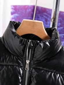 SHEIN Girls' Oversized Stand Collar Ribbed Waist Padded Coat, Suitable For Daily Commute And Gatherings, Winter - Black - View 8