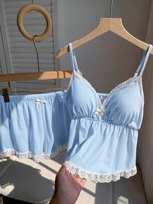 Comfortcana 夏季针织吊带背心，带衬垫胸罩和短裤蕾丝边套装 - 藍白色 - 查看 3
