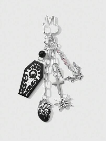 ROMWE Grunge Punk 1 pieza Llavero y llavero de estilo gótico oscuro retro americano de moda único y creativo de Halloween Y2K, con ojo de demonio hueco, gota de aceite exagerada, cruz de corazón de cristal falso y murciélago vampiro, adecuado para mujeres, uso diario, regalo festivo