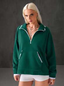 EURMUSE 女士、秋季、冬季、运动衫、蓝色、蕾丝撞色、超大、拉链、口袋 - 綠色 - 查看 1