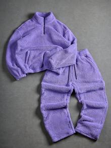 Manfinity EMRG 男士纯色拉链半襟长袖口袋运动衫和裤子休闲套装，秋季，紫色两件套男士，男士紫色套装紫色夏尔巴运动服，紫色羊毛运动服，舒适服装 - 紫色 - 查看 1