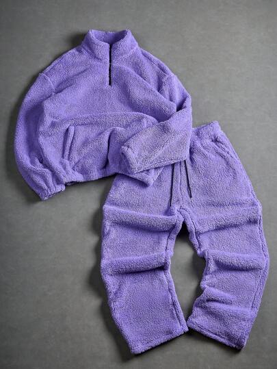 Manfinity EMRG 男士纯色拉链半襟长袖口袋运动衫和裤子休闲套装，秋季，紫色两件套男士，男士紫色套装紫色夏尔巴运动服，紫色羊毛运动服，舒适服装