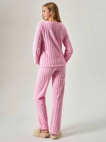 Loomlin 女士毛绒泰迪熊两件套蝴蝶结刺绣细节长袖衬衫和睡裤家居服睡衣套装 - 粉色 - 查看 2