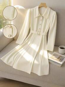 Franclia Women's Cream White Elegant Minimalist Commuter Dress,Autumn Long Sleeve Mid-Length Tea Party Dress With Metal Buckle,Collar Rhinestone Decoration - Apricot - View 3