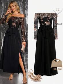 Ellevyn Sequin Off Shoulder Cinched Waist Slit Dress For Women,Valentines Clothes - Black - View 1