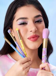 SHEIN X Care Bears 5件套卡通图案化妆刷套装，包含散粉刷+小眼影刷+大眼影刷+扁眉刷+收纳袋，刷毛柔软，吸粉晕染能力强，适合初学者打造精致妆容，加油熊，熊，分享熊，Funshine熊 - 彩色 - 查看 2