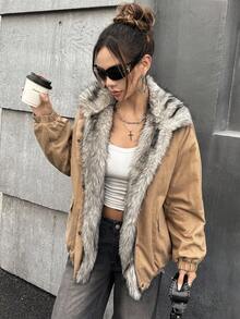 SHEIN ICON 女式毛绒衬里单排扣长袖休闲冬季夹克 - 棕色 - 查看 3