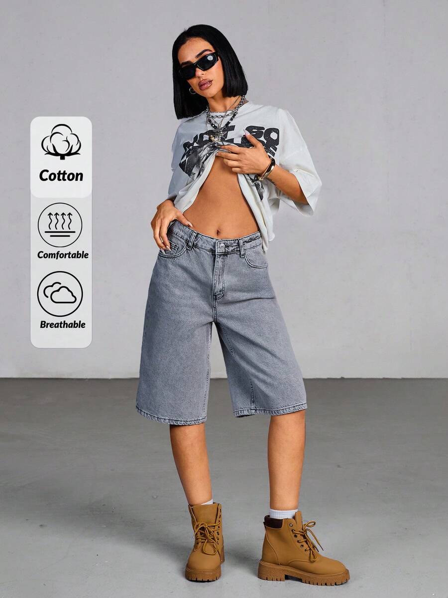 EURMUSE Casual Distressed Washed Loose Denim Shorts - Grey - View 1