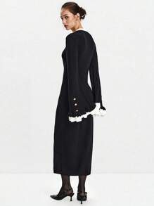 SHEIN Luminelle Váy len tay loe phối màu thanh lịch dành cho người đi làm - màu đen - Xem 2