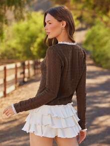 WESTFADE 纹理针织荷叶边长袖修身纽扣上衣，适合秋季、冬季穿着，可搭配纳什维尔乡村音乐会服饰，休闲、可爱、波西米亚风、西部风格服装，女款 - 棕色 - 查看 2