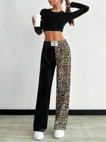EURMUSE Petite Cotton Petite Two Color Contrast Printed Sweatpants - Black and White - View 5