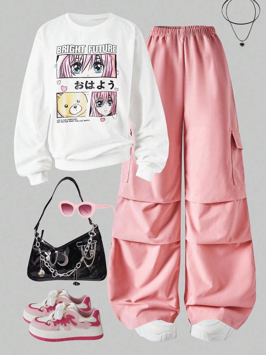 SHEIN ChillGRL 2 件套休闲动漫女孩肖像圆领落肩运动衫和阔腿裤套装，适合少女秋冬 - 彩色 - 查看 1