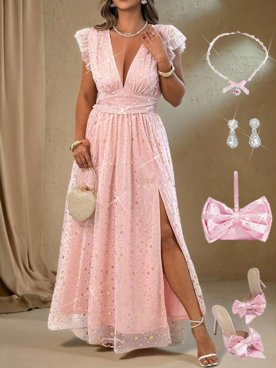 Roveilla Plus Size Elegant Mesh V-Neck Pleated Dress - Dusty Pink - View 1