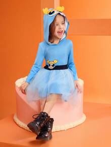 THE POWERPUFF GIRLS X SHEIN 可爱蓝色小女孩泡泡人物印花3D耳朵连帽连衣裙COS服装，适合秋冬季、万圣节、生日派对 - 藍色 - 查看 6