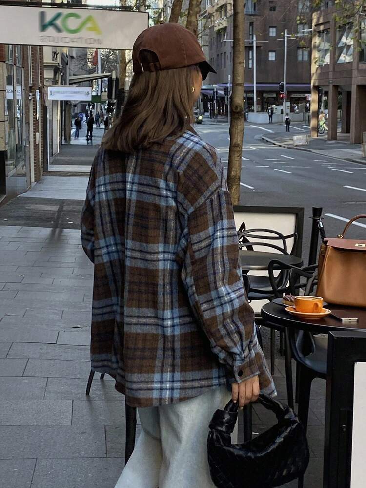 Contrast Plaid Loose Retro Long Sleeve Pocket Lapel Casual Street Overcoat For Women, Autumn/Winter Jacket
