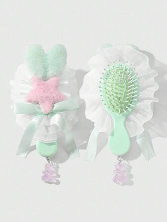 Kawaii 1pc Cute Cartoon Rabbit Ear Acrylic Mini Massage Hair Comb With Bowknot & Mesh Lace, Versatile Fashion Accessory, Suitable For Women, Daily Use Or Gift