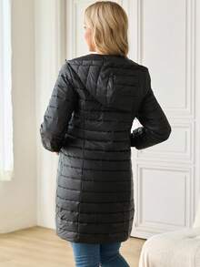 SHEIN Maternity Solid Color Long Sleeve Zip-Up 3-In-1 Hooded Jacket, Autumn/Winter - Black - View 2
