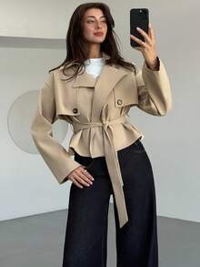 Aloruh Trench coat corto da donna con vita stretta, color cachi, versatile per l'autunno/inverno - Cachi - Visualizzare 8