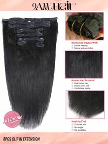 8 Peças Extensão de Cabelo Humano Remy Reta Cor Preta Natural 1B, Densidade de 130%, Cor Preta Natural, Uso Diário para Mulheres com Cabelo Fino, Clipe de Extensão de Cabelo - Natural Black - Visão 1