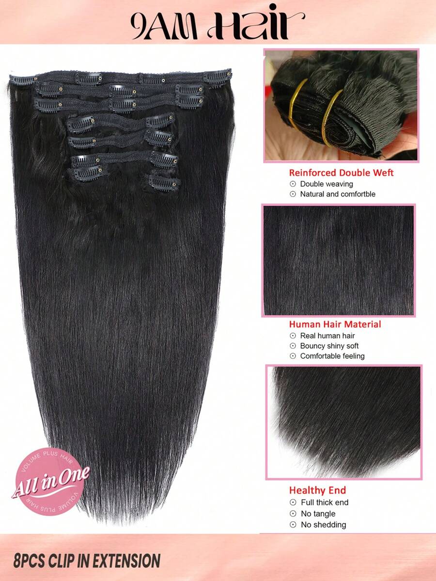 8 Peças Extensão de Cabelo Humano Remy Reta Cor Preta Natural 1B, Densidade de 130%, Cor Preta Natural, Uso Diário para Mulheres com Cabelo Fino, Clipe de Extensão de Cabelo - Natural Black - Visão 1