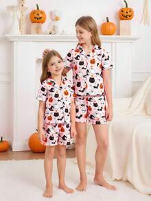 Set de pijama de 2 piezas con pantalón corto y estampado de calabaza y fantasma para niñas, retardante de llama - Multicolor - Ver 6