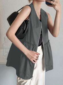 FRIFUL 女式 V 领无袖拉链拼接荷叶边下摆休闲宽松百搭背心 - 深灰色 - 查看 3