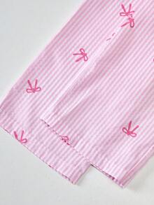 SHEIN Playful Pals 2 件装年轻女孩蝴蝶结条纹无袖上衣，带荷叶边下摆和裤子休闲装 - 粉色 - 查看 7