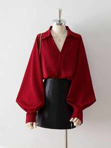 Celisse 女士纯色V领灯笼袖百搭通勤优雅长袖衬衫