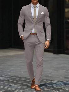 Manfinity Mode Conjunto de traje de hombre con blazer de cuello solapa y pantalones, de unicolor, de manga larga - Marrón - Ver 7