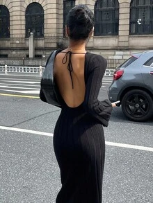DAZY Abito maglione aderente a maniche lunghe con collo tondo da donna per l'autunno - nero - Visualizzare 1