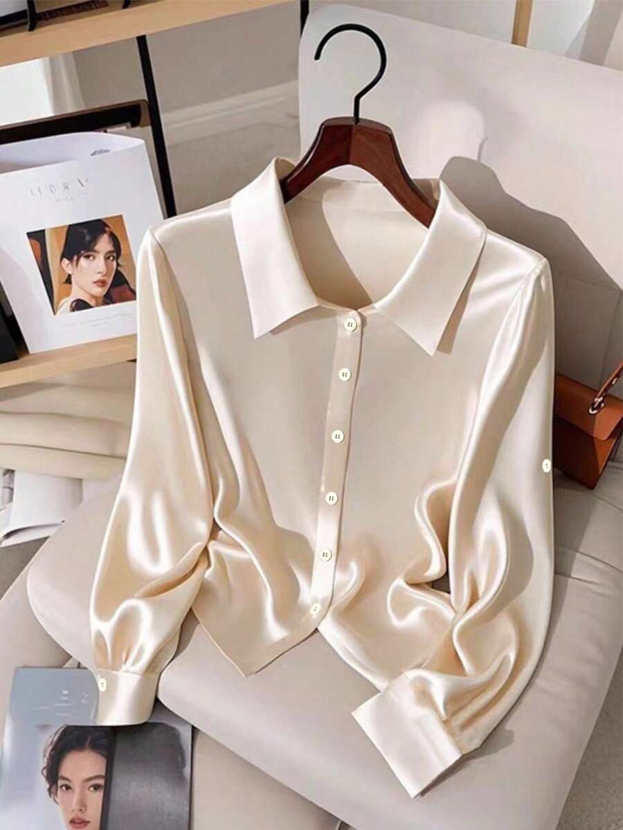 Franclia 女式简约纯色亮面纽扣长袖衬衫，秋季 - 杏色 - 查看 1