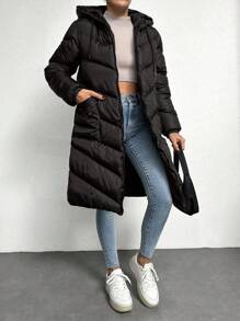 EURMUSE Women's Hooded Drawstring Padded Jacket - Black - View 4