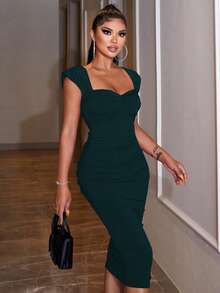 EURMUSE Women's Solid Color Sweetheart Neck Ruffle Sleeve Fitted Elegant Dress - Dark Green - View 3