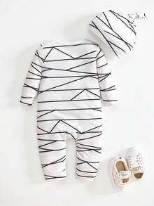 SHEIN Playful Pals 两件套男婴僵尸木乃伊万圣节服装套装，圆领长袖连体衣配帽子，婴儿连体衣，派对服装，3-24个月男婴万圣节服装，男婴万圣节服装，恐怖婴儿服装，新生儿万圣节服装，婴儿万圣节服装，木乃伊婴儿服装，婴儿万圣节服装，婴儿木乃伊服装，秋冬季 - 白色 - 查看 3