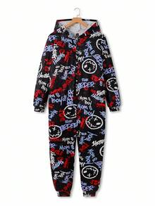 Men's Long Sleeve & Pants Hooded Jumpsuit With Smiling Face Graffiti Elements, In Red & Blue Colors, Combining Vibrant Street Style, Casual & Exaggerated Dynamic Look Hooded Pajamas, Fall